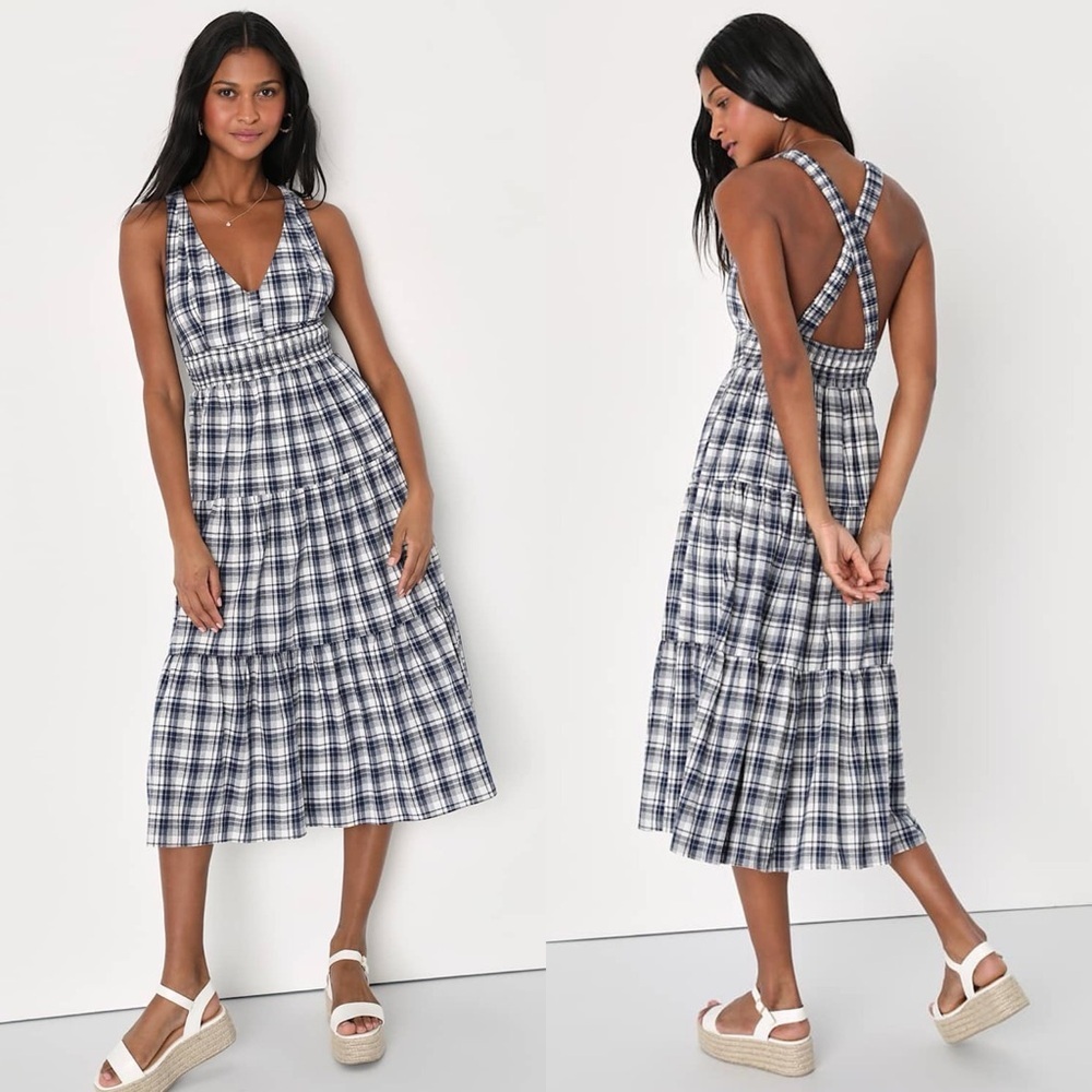 Lulus Surely Charmed Navy Blue Plaid Tiered Backless Midi Dress Small